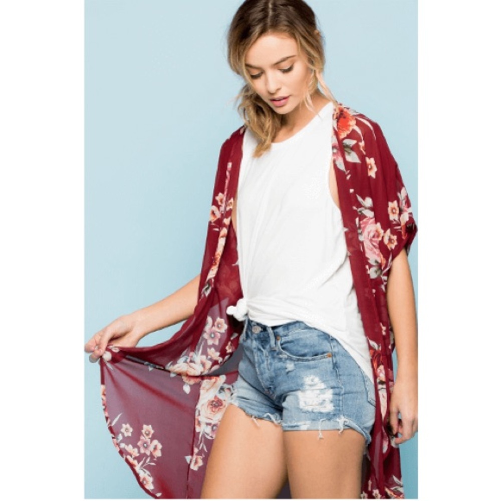 Sheer Floral Kimono High Low Hemline